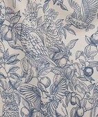 Linen fabric "Talk about cockatoos" Ink blue