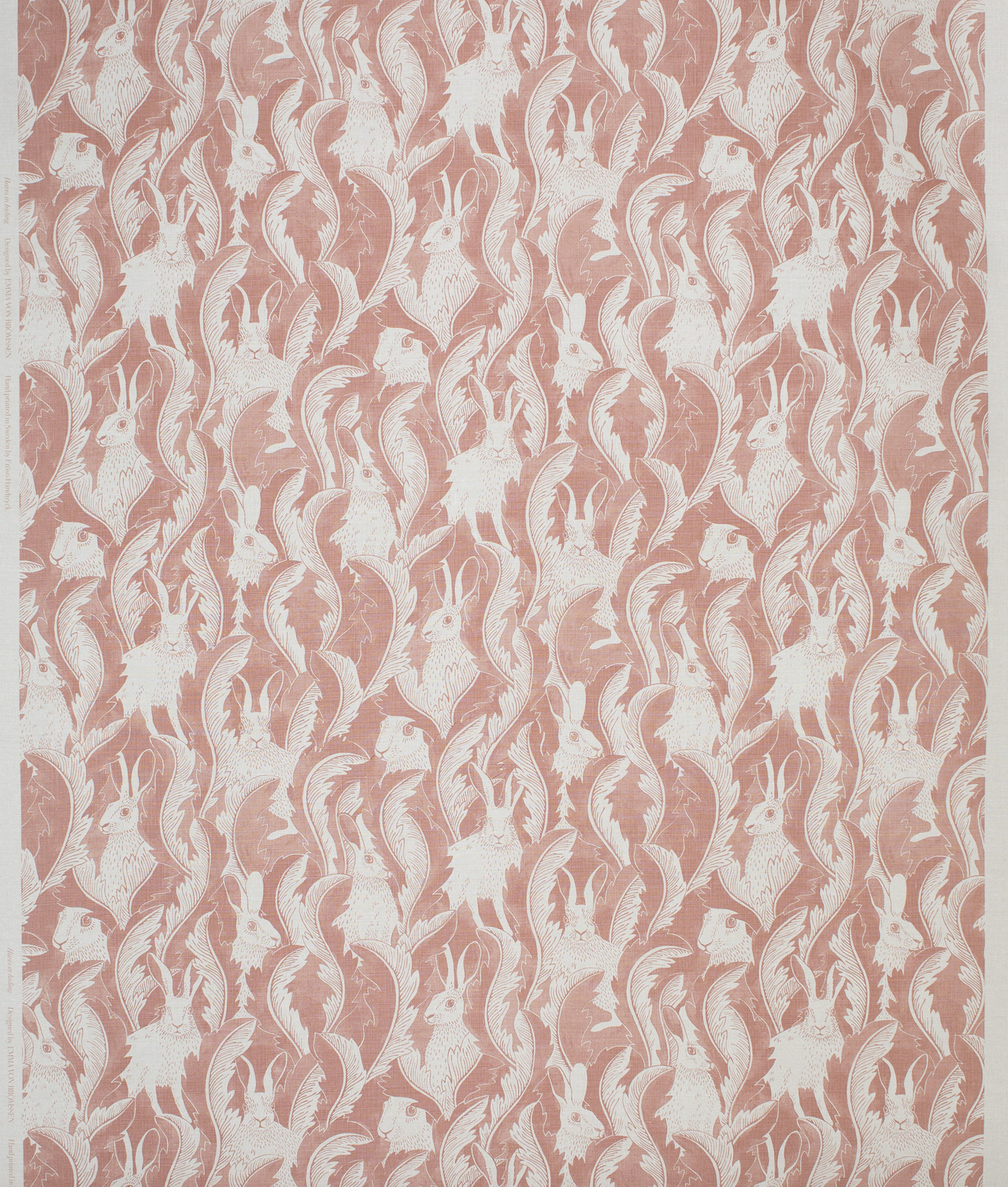 Linen fabric "Hares in hiding” Pink